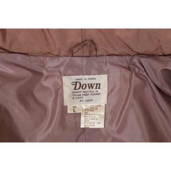 Vintage Beige Down Puffer Long Coat Jacket Quilted Leather Belt Warm Size L - Picture 10 of 12